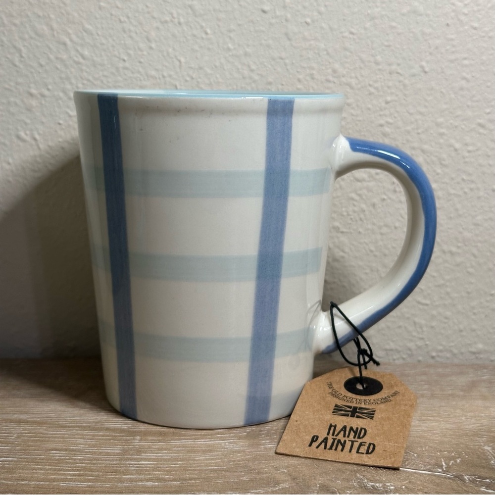The Old Pottery Company White Blue Plaid Ceramic Coffee Tea Mug New